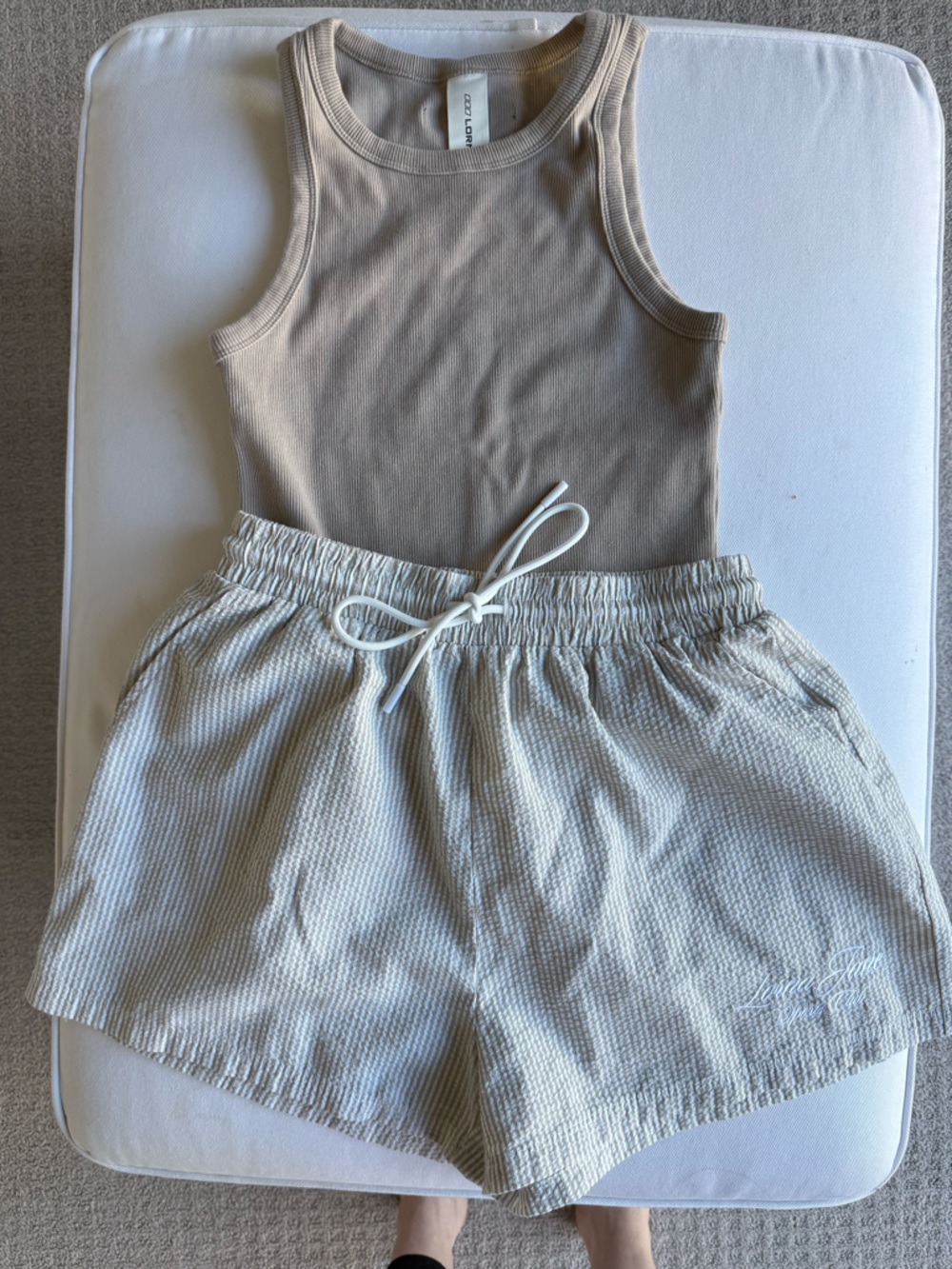 Lorna Jane Taupe LJ Basic Rib Tank with matching Country Club Seersucker Shorts